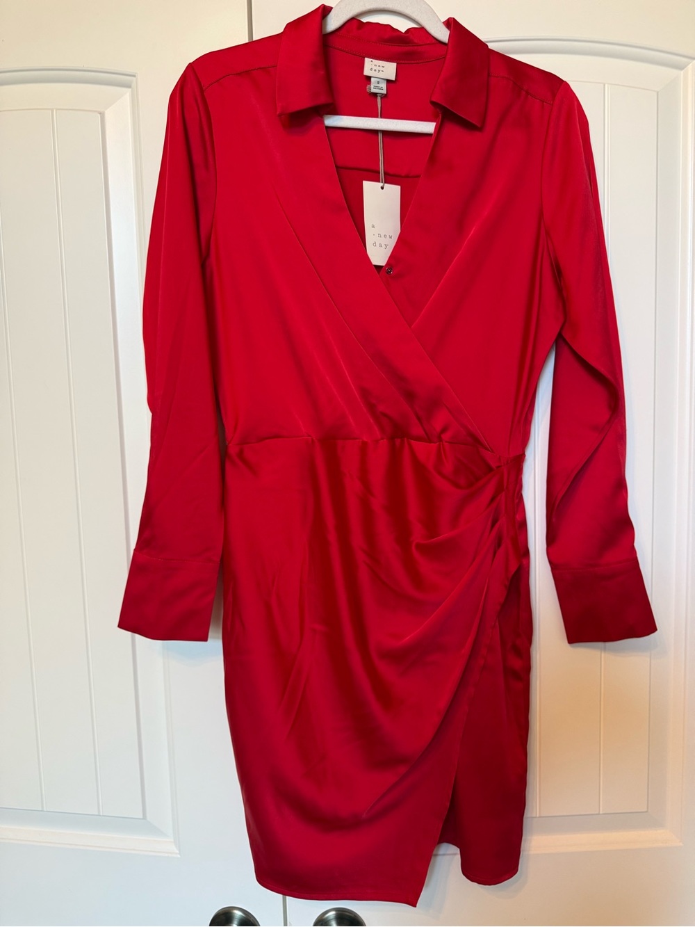 NWT A New Day Red Satin Wrap Mini Dress | Long Sleeve Collared | Size Small